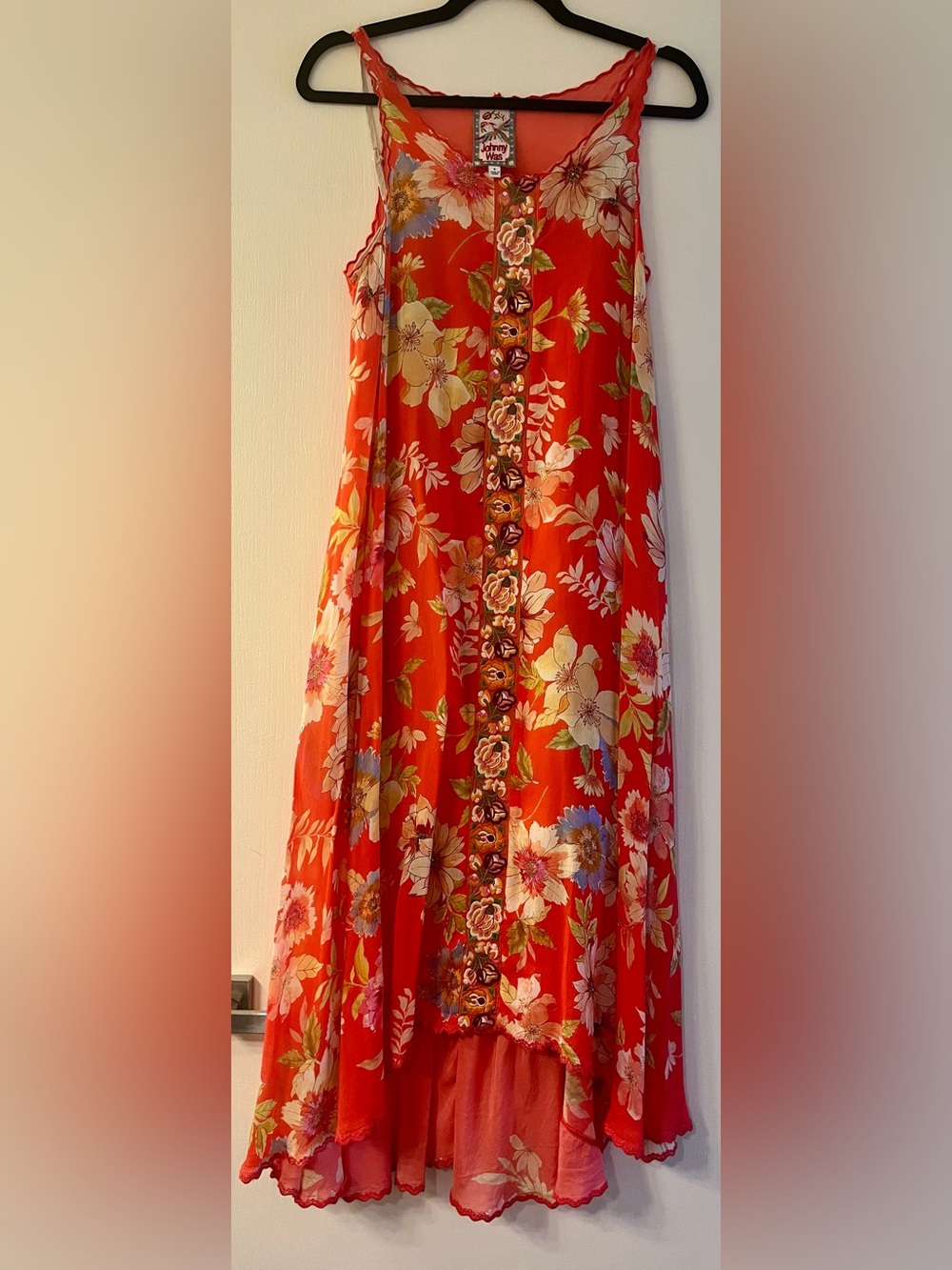 Johnny Was Coral Floral High-Low Slip Dress, Embroidered Center trim, S, NWOT